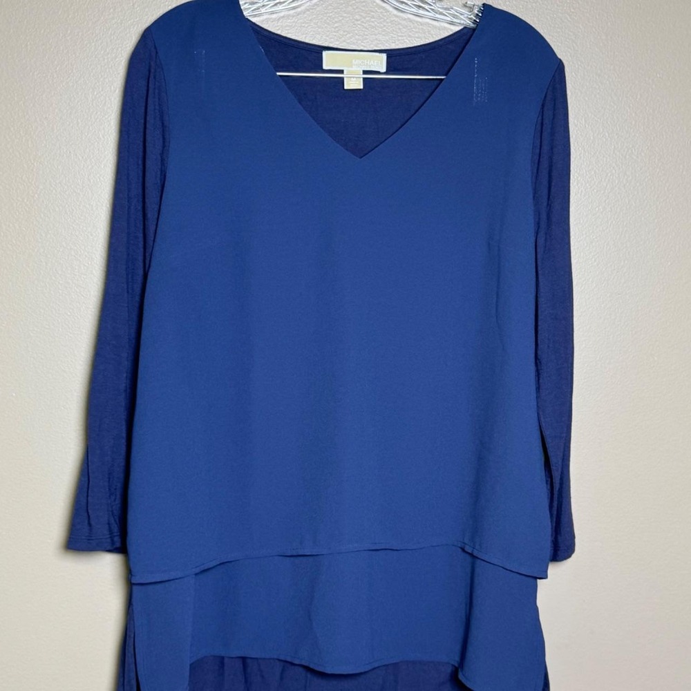 Michael Michael Kors Royal Blue Ruffle Tiered Front V-Neck Blouse Long Sleeve M